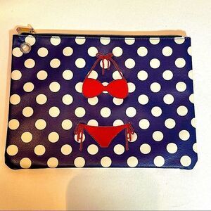 Bathing suit bag navy white polka dots with embroidered red bikini, vinyl lining
